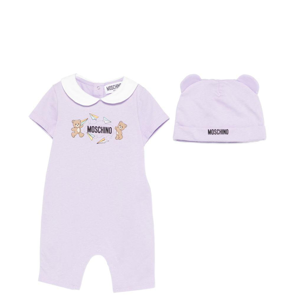 Set tutina e cappellino per neonata Moschino Kids lilla con stampa Teddy Bear MUY090LAA01 51683 MOSCHINO KIDS