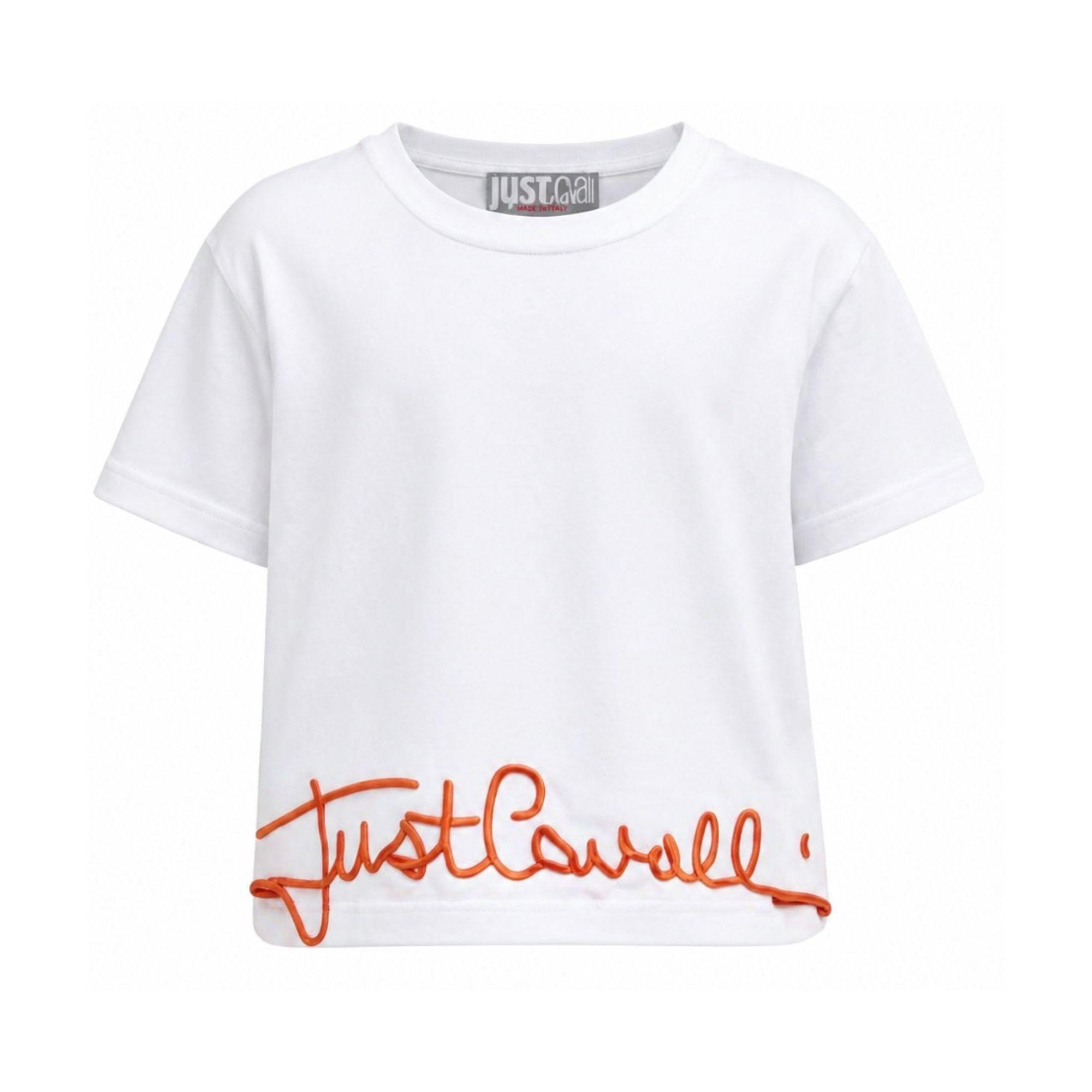 T-shirt per bambina Just Cavalli Kids bianca con logo sull'orlo JGP26084TS WHITE ROBERTO CAVALLI KIDS