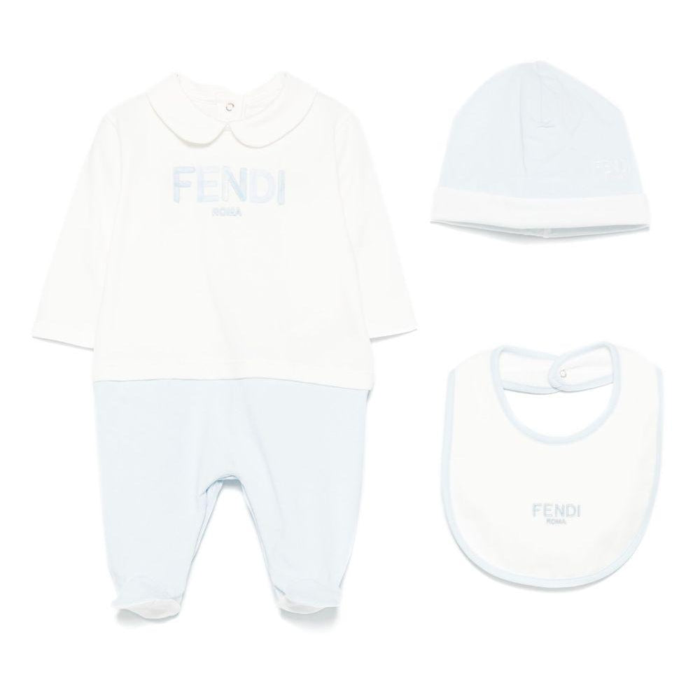 Set tutina, berretto e bavaglino per neonato Fendi Kids bianco e azzurro con dettaglio logo BUK139 ST8 F19J4 FENDI KIDS