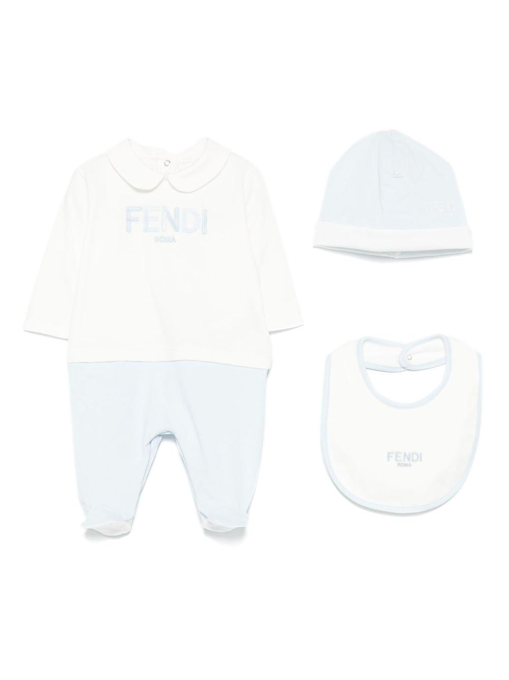 Set tutina, berretto e bavaglino per neonato Fendi Kids bianco e azzurro con dettaglio logo BUK139 ST8 F19J4 FENDI KIDS