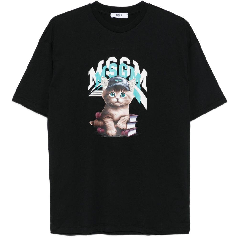 T-shirt per bambino MSGM Kids nera con stampa gatto F5MSJGTH120 110 MSGM KIDS