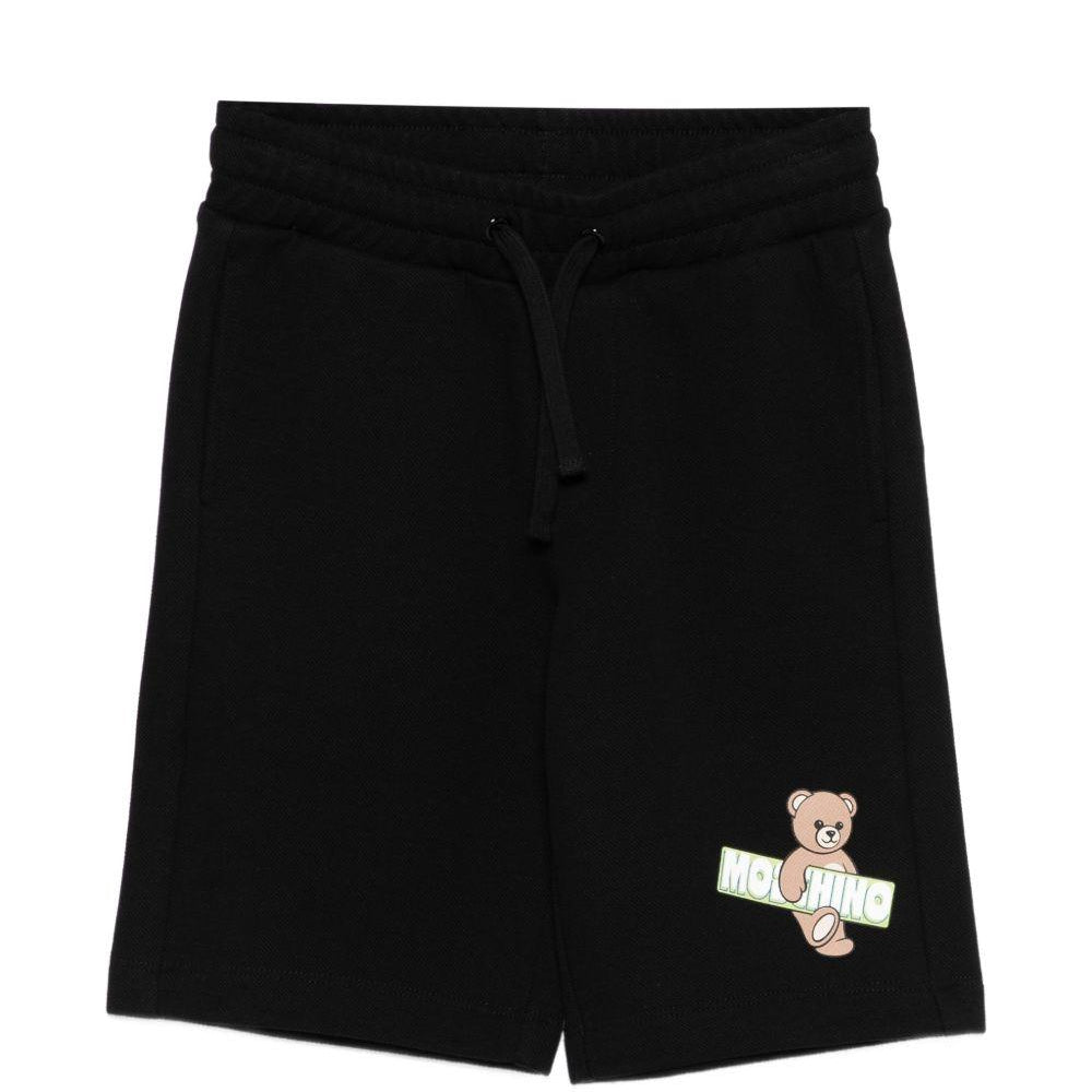 Shorts per bambino Moschino Kids neri con logo sul davanti HUQ02LLCA90 60100 MOSCHINO KIDS