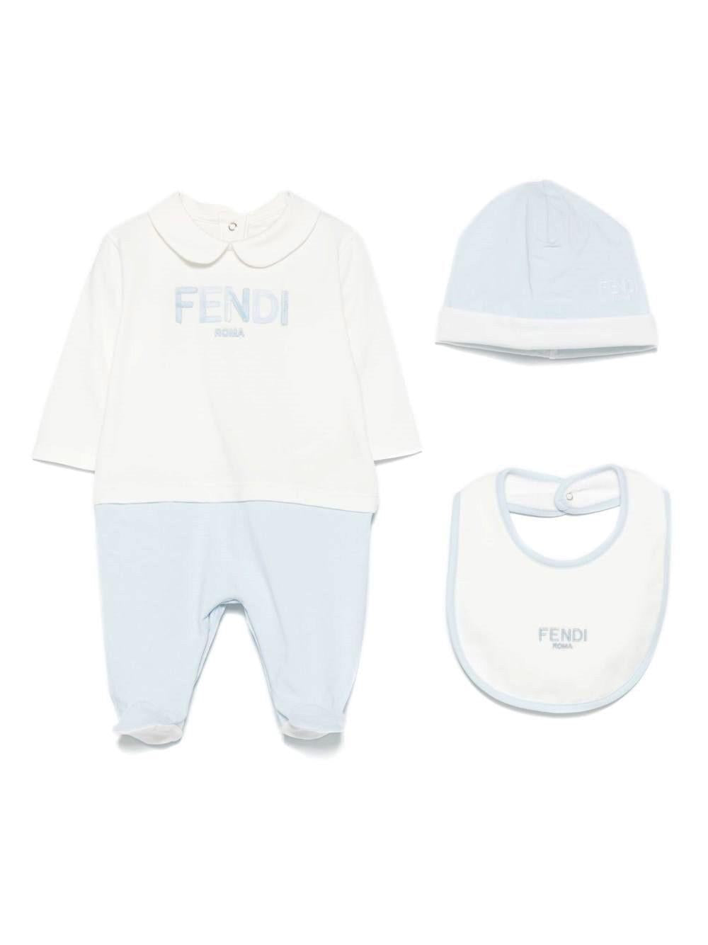 Set tutina, berretto e bavaglino per neonato Fendi Kids bianco e azzurro con dettaglio logo BUK139 ST8 F19J4 FENDI KIDS