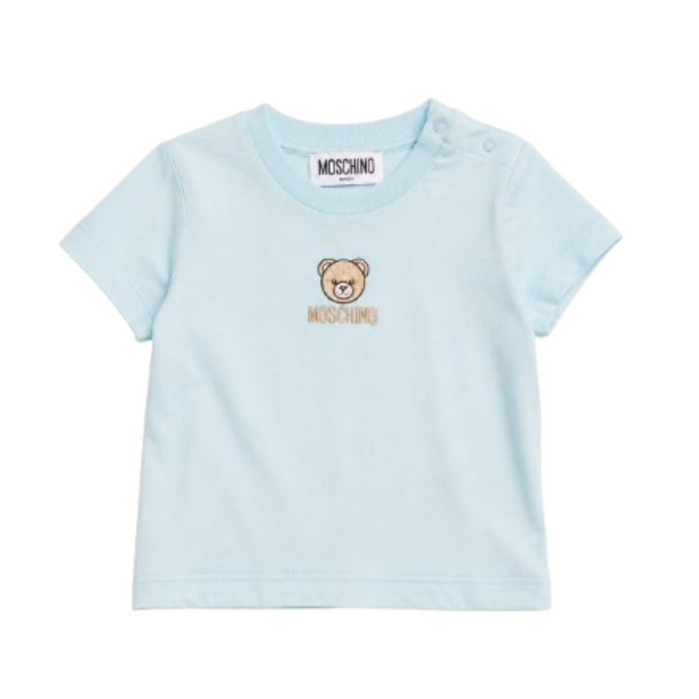 T-shirt per neonati Moschino Kids azzurra con dettagli ricamati MYM047LAA23 40304 MOSCHINO KIDS