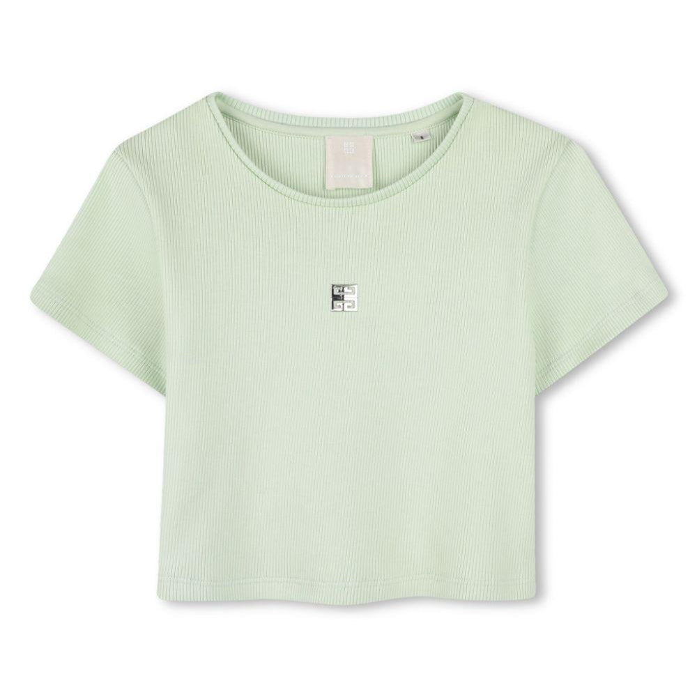 T-shirt con placca logo per bambina Givenchy Kids verde con logo sul retro H30804 72G GIVENCHY KIDS