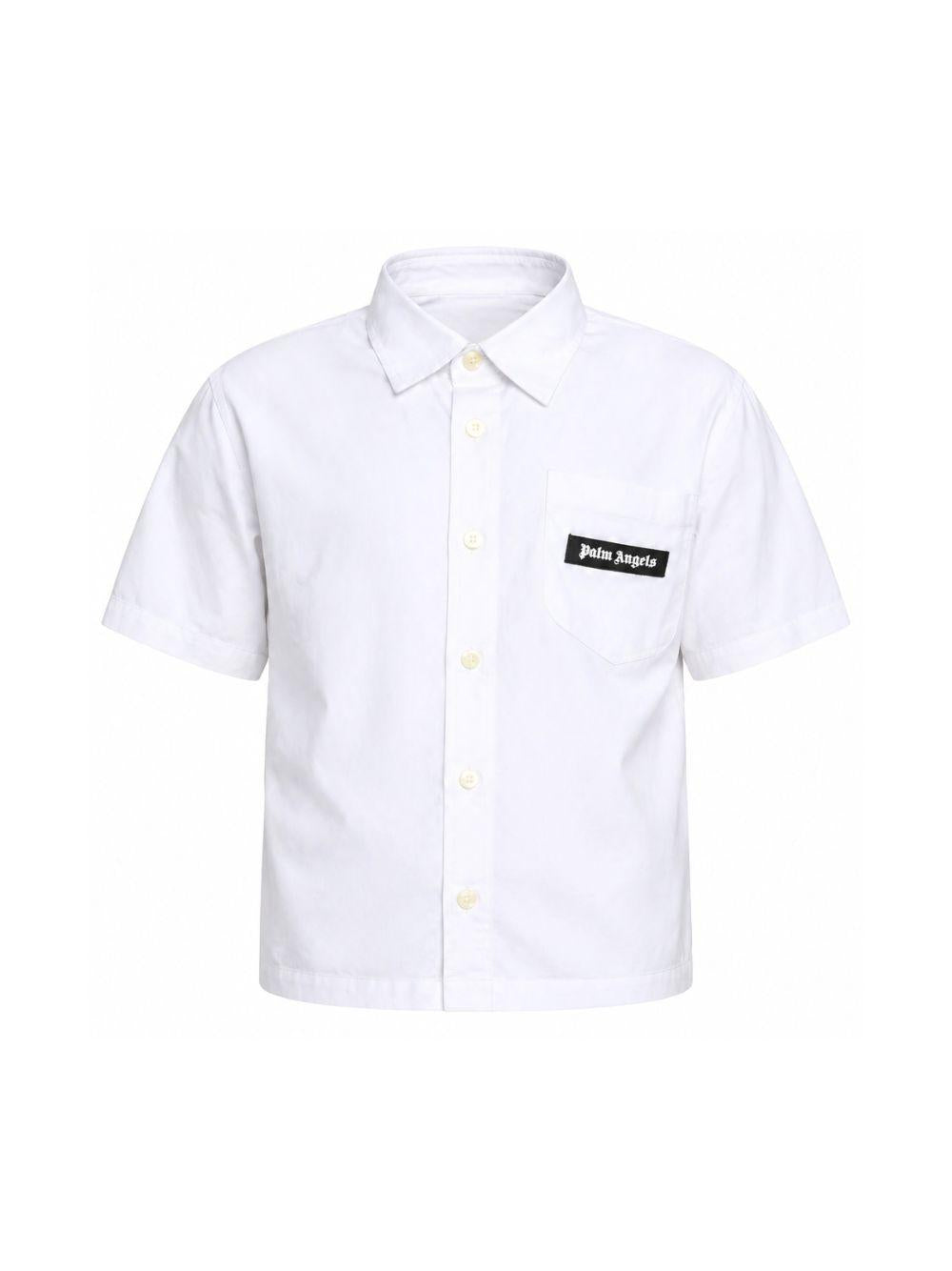 Camicia per bambino Palm Angels Kids bianca con applicazione logo sul davanti PBGG003S26FAB001 002 PALM ANGELS KIDS