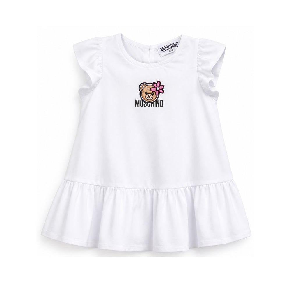 Abito per neonata Moschino Kids bianco con ricamo Teddy Bear sul davanti MDV0D6LLA10 10101 MOSCHINO KIDS