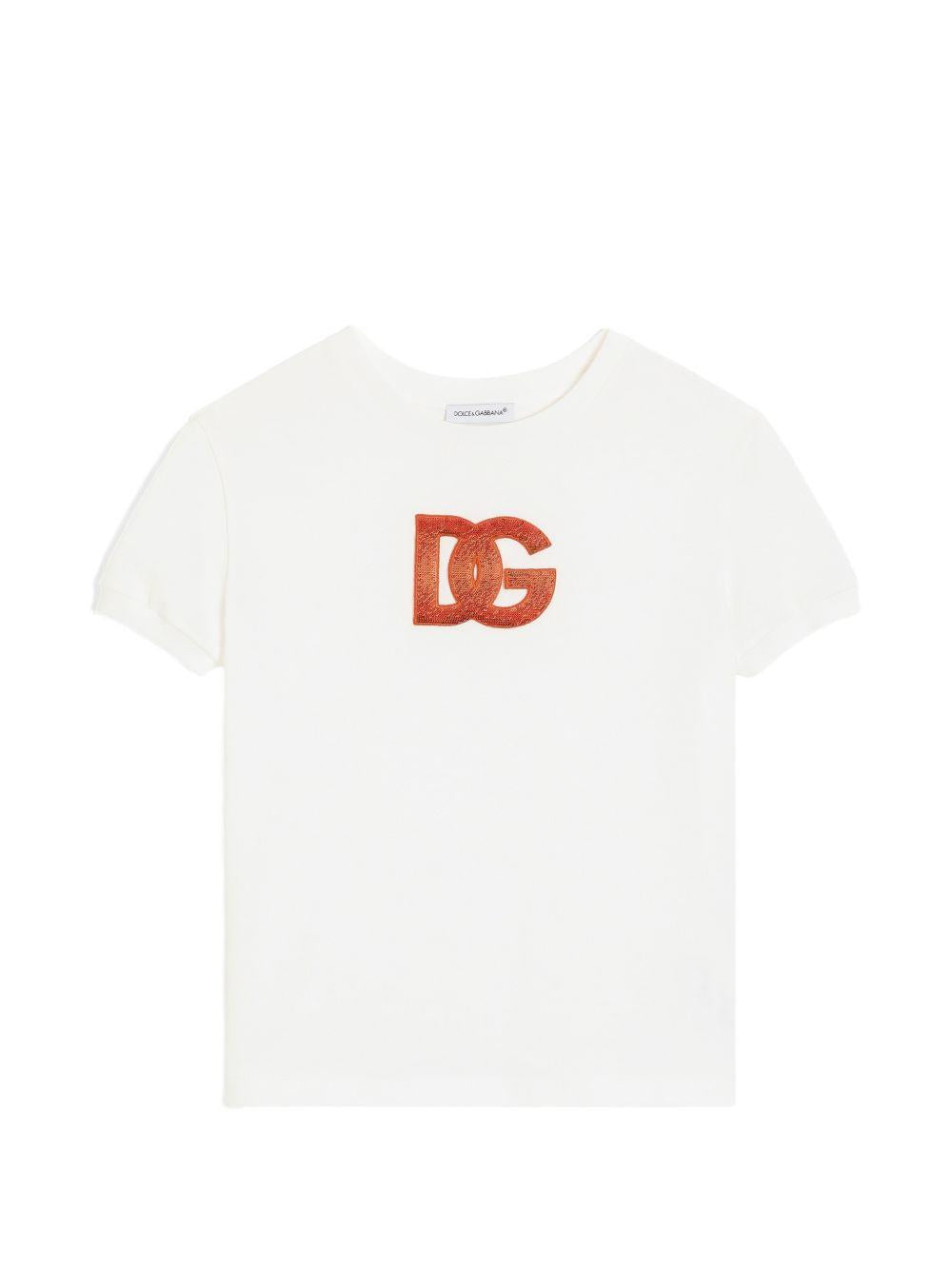 T-shirt per bambina Dolce & Gabbana Kids bianca con logo con paillettes L5JTNJ G7P4E W0111 DOLCE & GABBANA KIDS