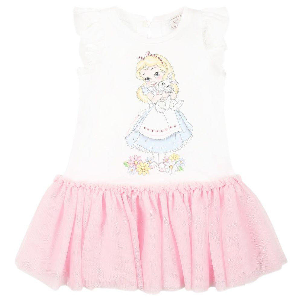 Abito in cotone per neonata Monnalisa bianco con stampa Alice 39E905 5002 9990 MONNALISA