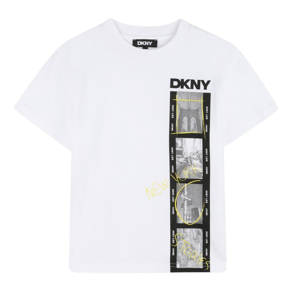 T-shirt per bambino DKNY Kids bianca con stampa grafica sul davanti D62536 10P DKNY KIDS