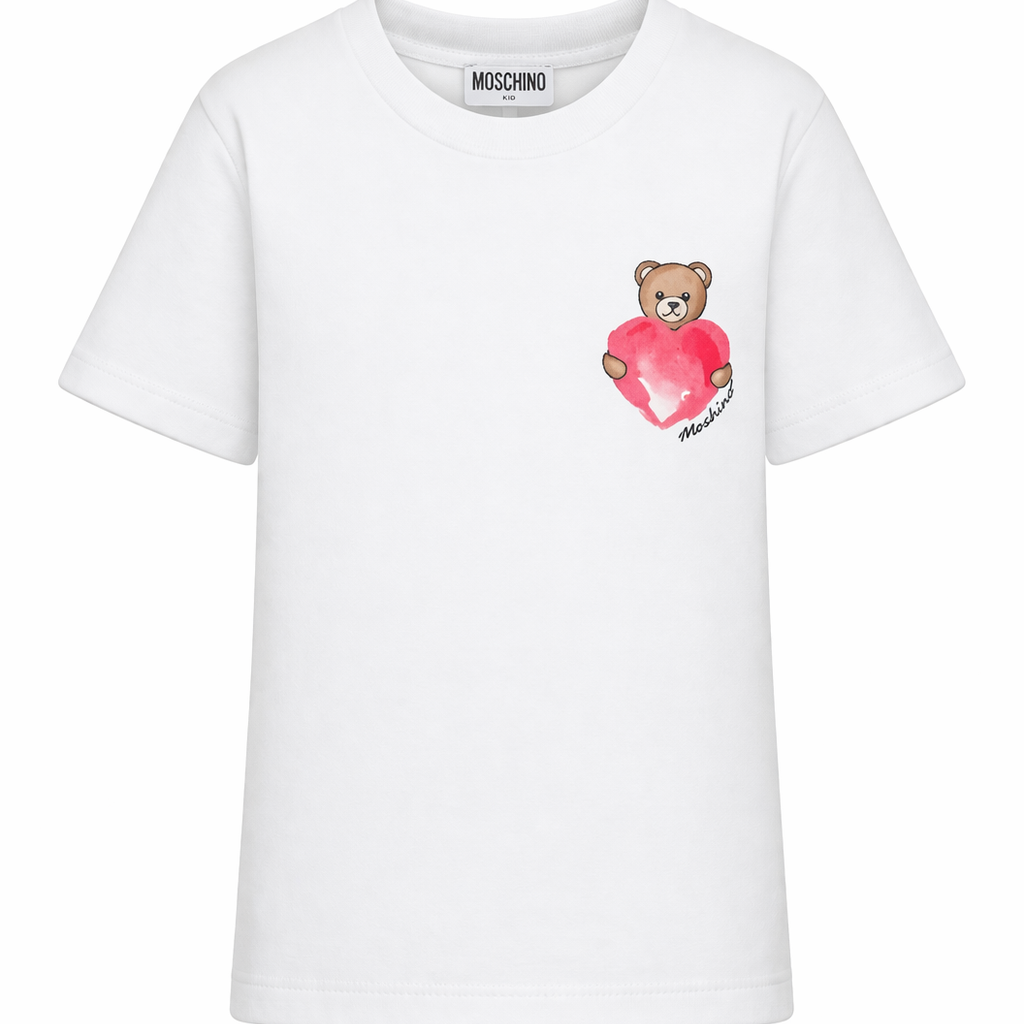 T-shirt per bambina Moschino Kids bianca con stampa Teddy sul davanti HDM076LBA00 10101 MOSCHINO KIDS