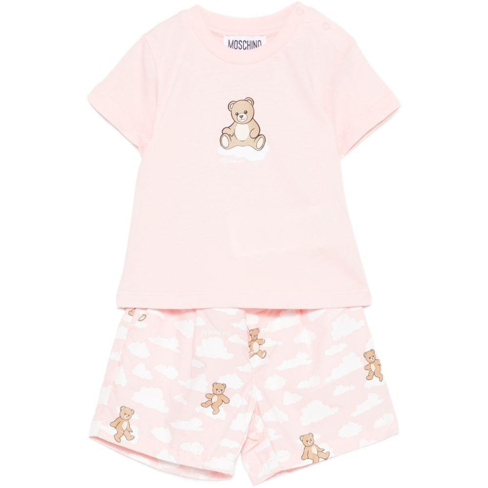 Set t-shirt e shorts per neonata Moschino Kids rosa con stampa Teddy sul davanti MUG01QLLB61 83696 MOSCHINO KIDS
