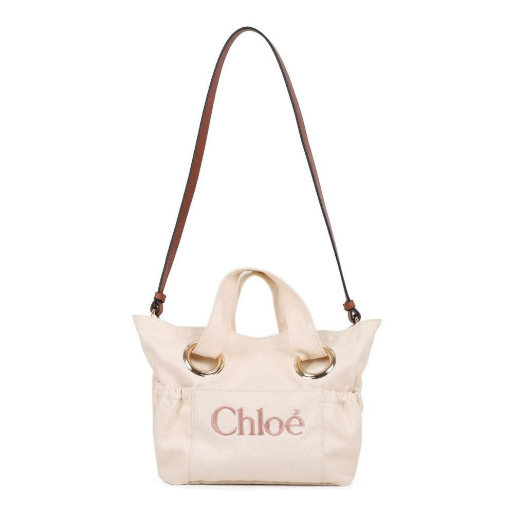 Borsa tote per bambina Chloé Kids beige con logo ricamato sul davanti C20872 148 CHLOE' KIDS