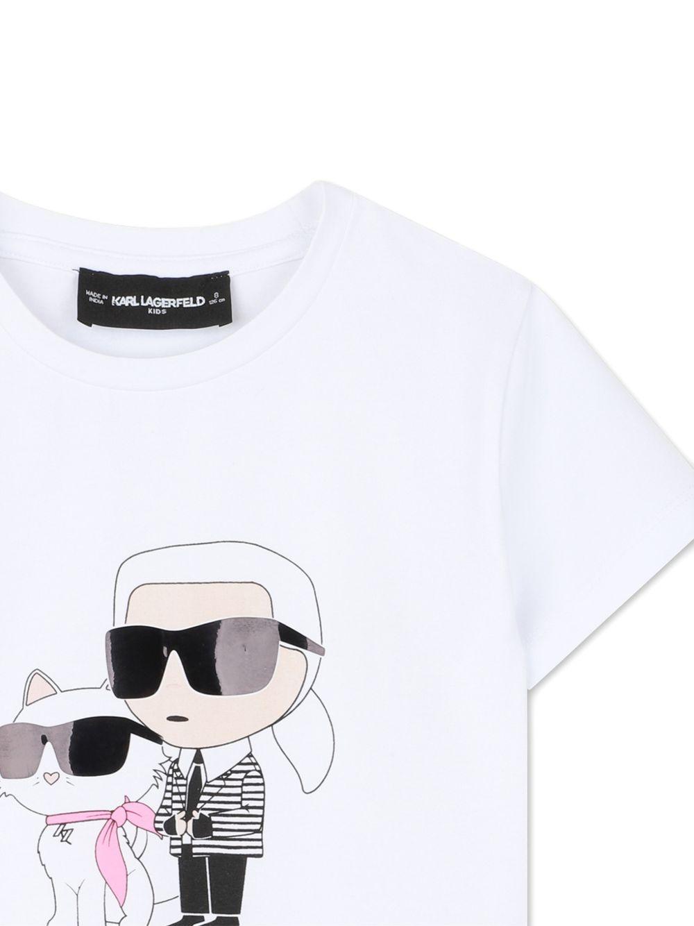 T-shirt per bambina Karl Lagerfeld Kids bianca con stampa Karl e Choupette sul davanti Z31157 10P KARL LAGERFELD KIDS