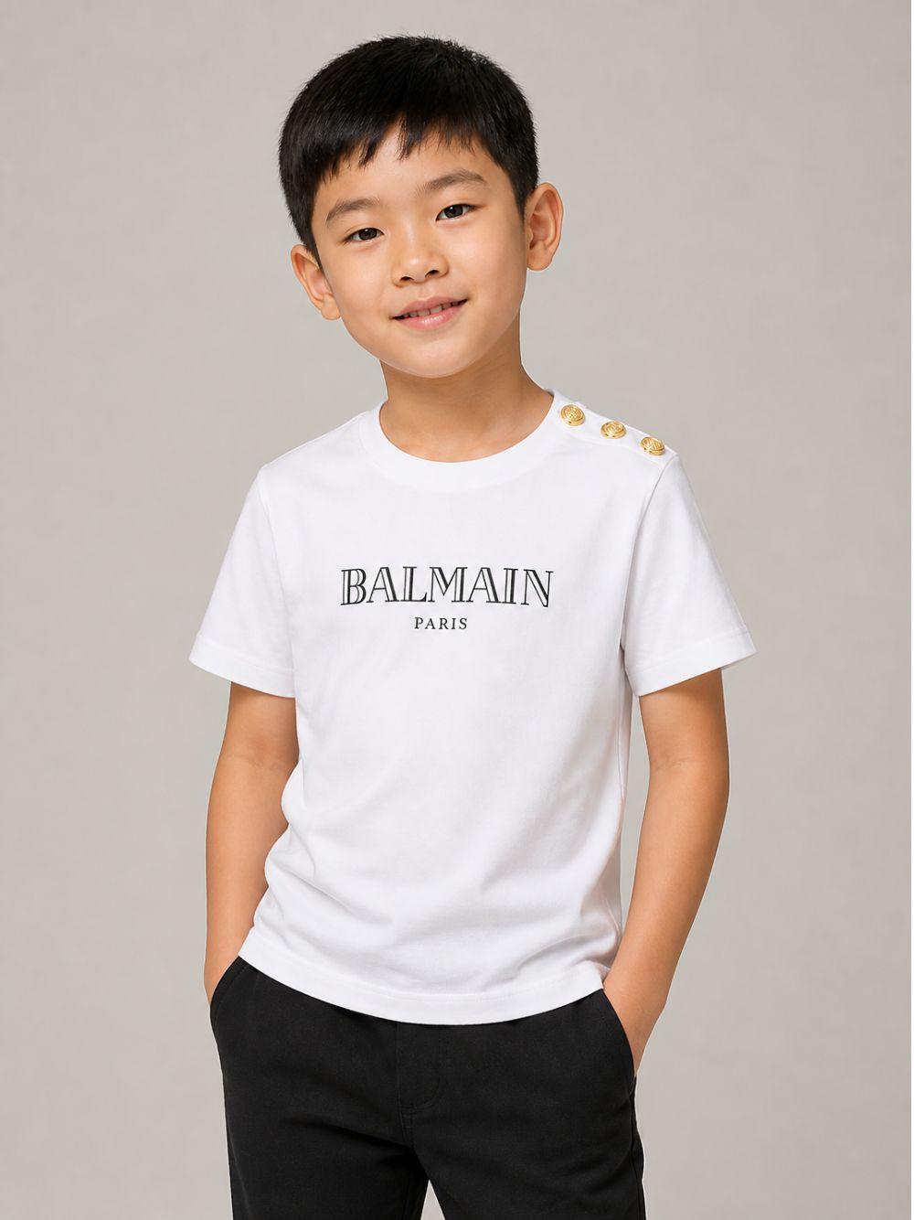 T-shirt per bambino Balmain Kids bianca con stampa logo sul davanti BZ8H51 Z3672 100NE BALMAIN KIDS