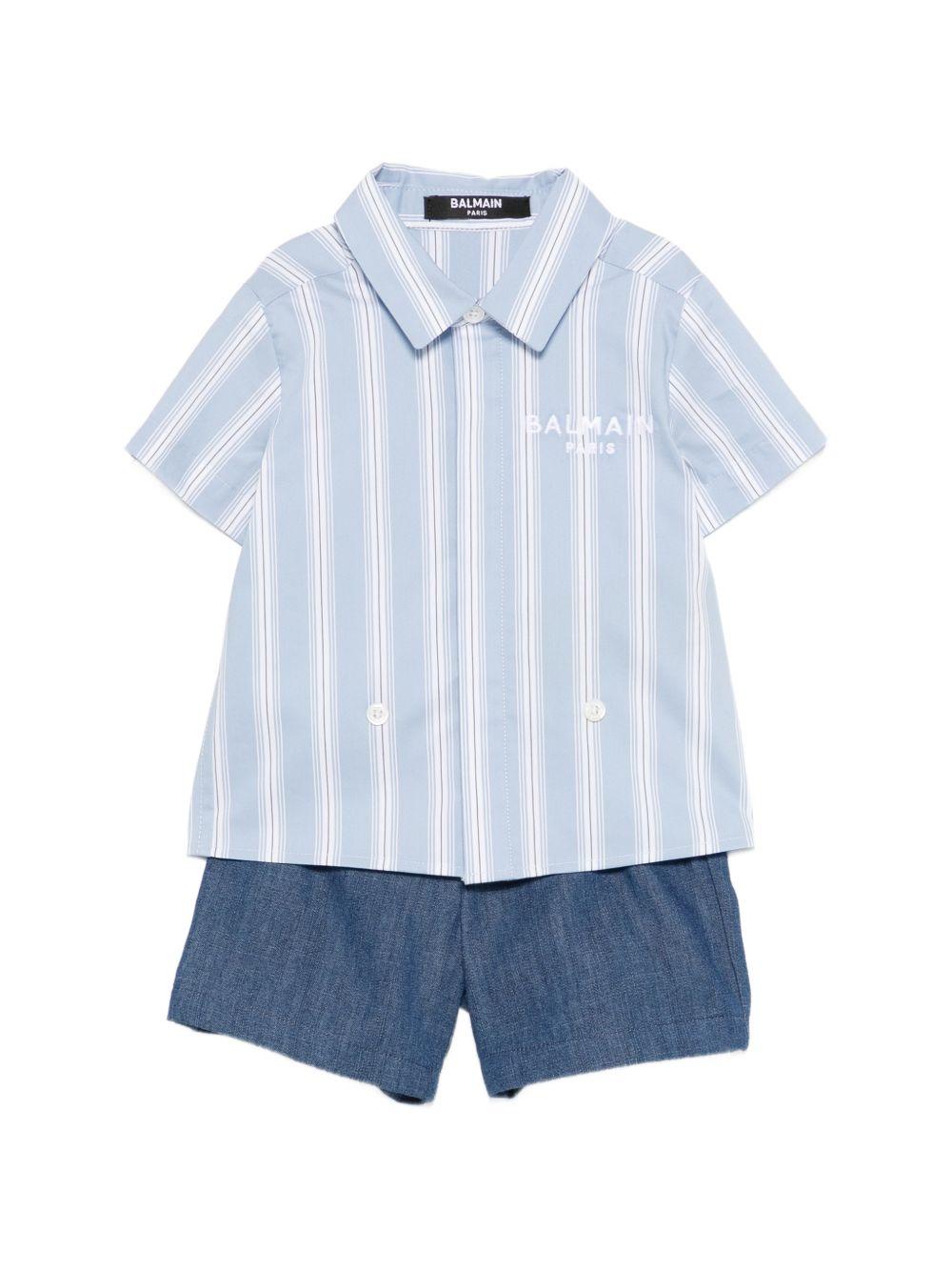 Set camicia e shorts per neonato Balmain Kids azzurro con motivo a righe BYA531 P0588 625BC BALMAIN KIDS