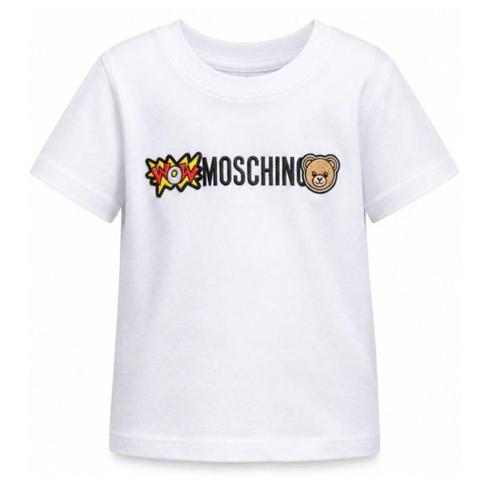 T-shirt per bambini Moschino Kids bianca con dettagli in rilievo HUM05QLAA24 10101 MOSCHINO KIDS