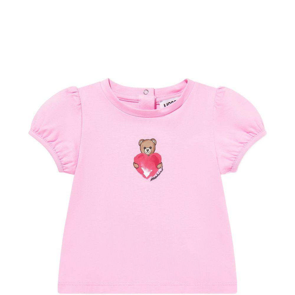 T-shirt per neonata Moschino Kids rosa con stampa Teddy Bear con cuore MLM02BLBA00 51473 MOSCHINO KIDS