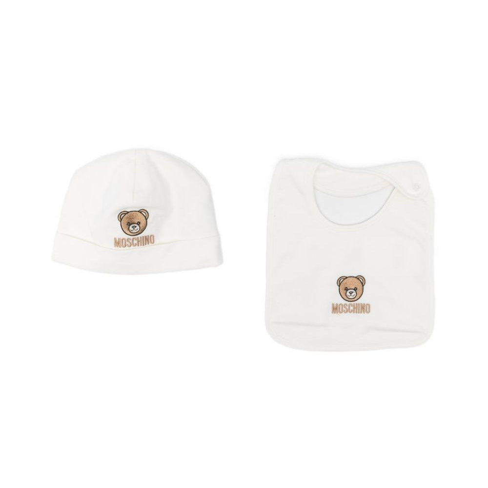 Set cappello e bavaglino per neonato Moschino Kids bianco con ricamo Teddy Bear MRY03ELAA23 10063 MOSCHINO KIDS