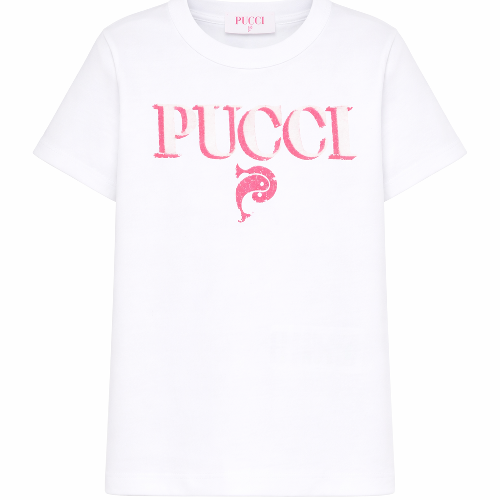 T-shirt per bambina Pucci Junior bianca con stampa logo sul davanti PY8B71 Z3672 100FU EMILIO PUCCI KIDS