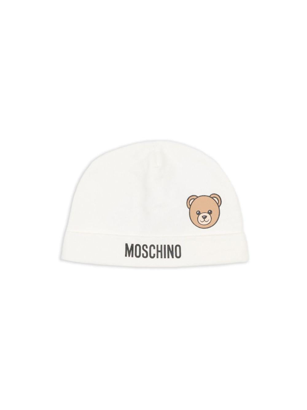 Berretto per neonati Moschino Kids bianco con motivo orsetto MUX05ULCA19 10063 MOSCHINO KIDS