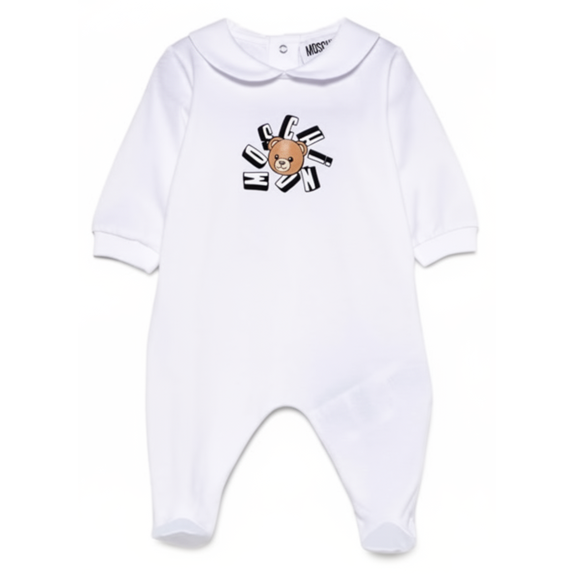 Pigiama per neonati Moschino Kids bianco con stampa grafica Teddy Bear MUT04QLAA02 10101 MOSCHINO KIDS
