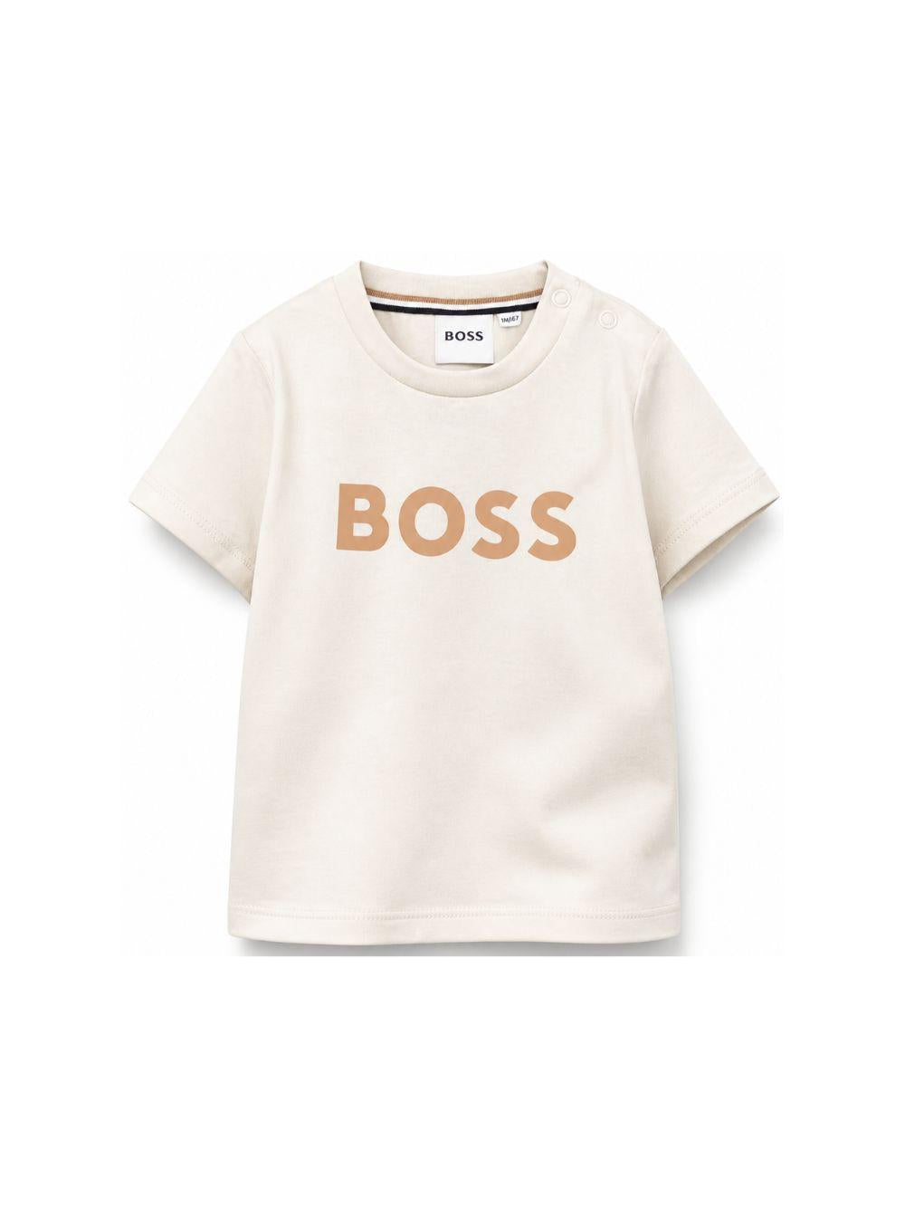T-shirt per neonato Boss Kids beige con stampa logo sul davanti J52712 21C BOSS KIDS