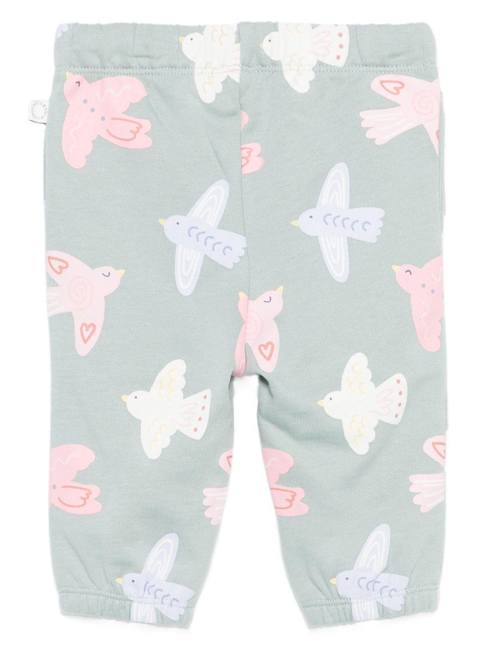 Pantaloni per neonata Stella McCartney Kids verde con coulisse e stampa di uccelli TX6090 Z3206 923MC STELLA McCARTNEY KIDS