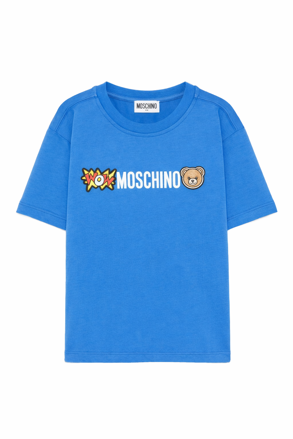 T-shirt per bambini Moschino Kids azzurra con logo sul davanti HUM05QLAA24 40630 MOSCHINO KIDS