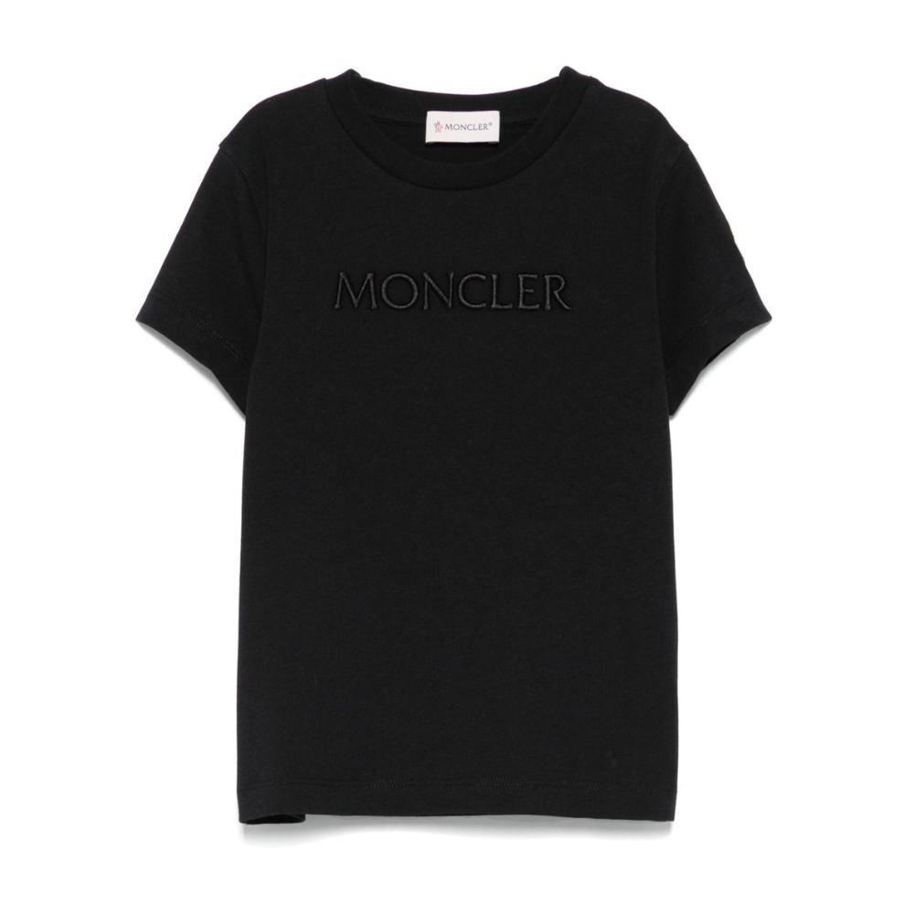 T-shirt per bambina Moncler Enfant nera con logo in rilievo e toppa sulla manica K29548C0001689AT9 999 MONCLER ENFANT
