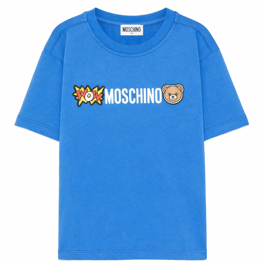 T-shirt per bambini Moschino Kids azzurra con logo sul davanti HUM05QLAA24 40630 MOSCHINO KIDS