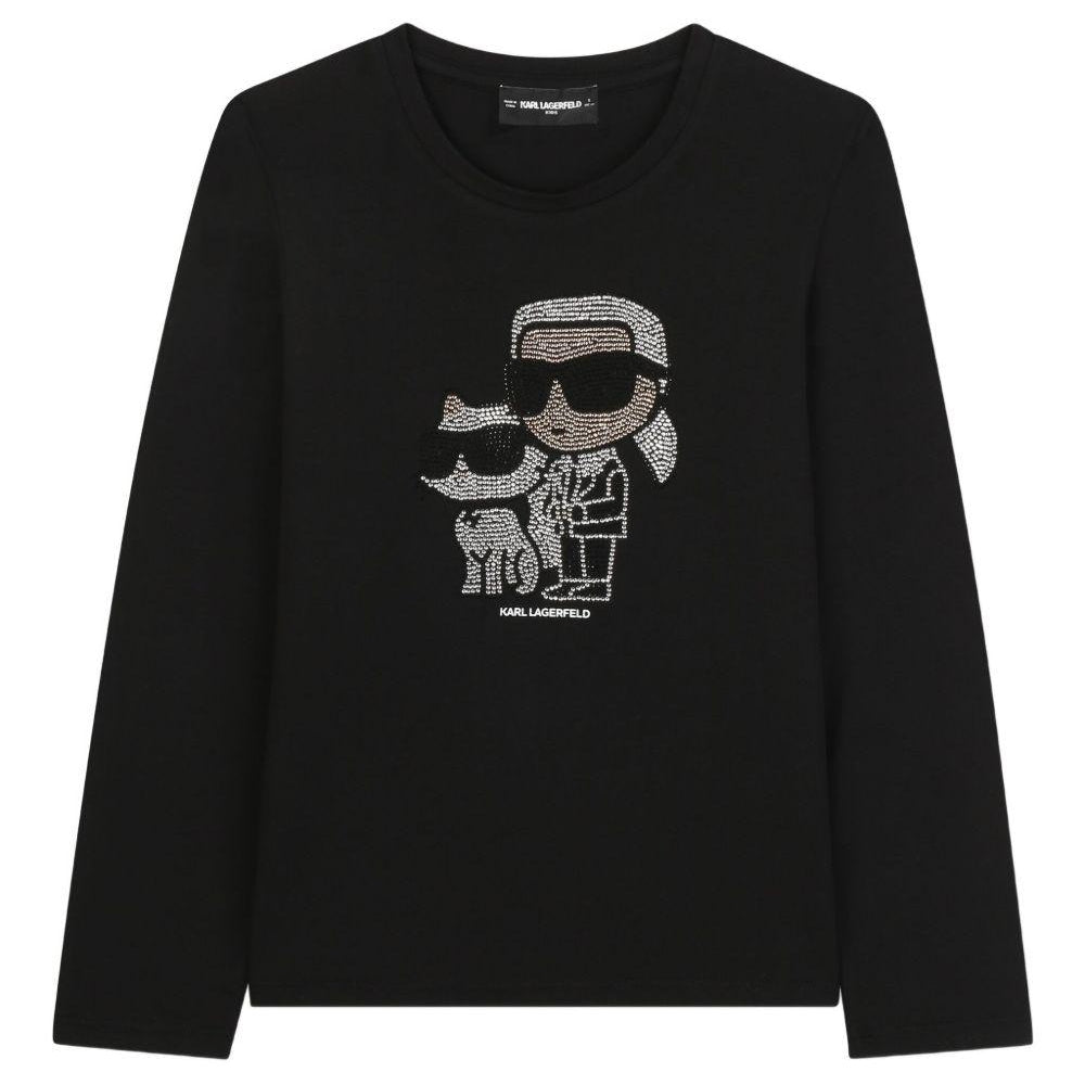 T-shirt a maniche lunghe per bambina Karl Lagerfeld Kids nera con motivo Ikon Karl & Choupette Z30940 09B KARL LAGERFELD KIDS