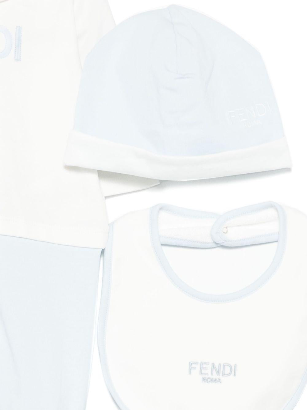 Set tutina, berretto e bavaglino per neonato Fendi Kids bianco e azzurro con dettaglio logo BUK139 ST8 F19J4 FENDI KIDS