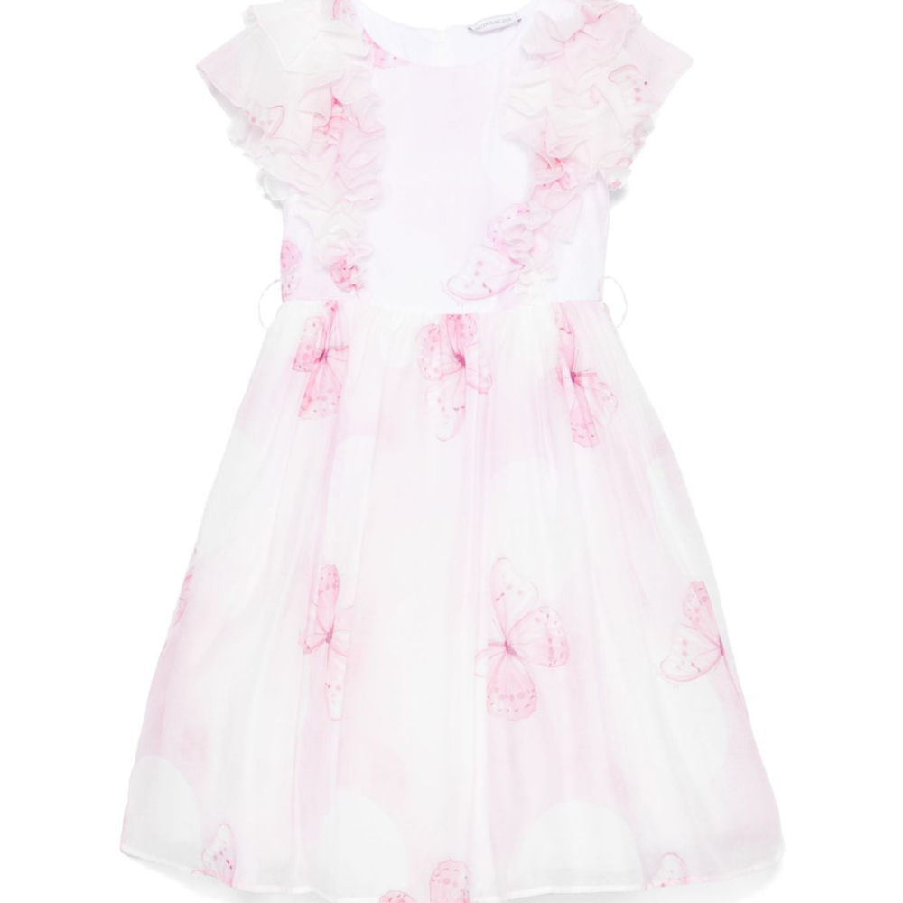 Abito per bambina Monnalisa bianco con stampa farfalla con dettagli con ruches 71E911 5621 0190 MONNALISA
