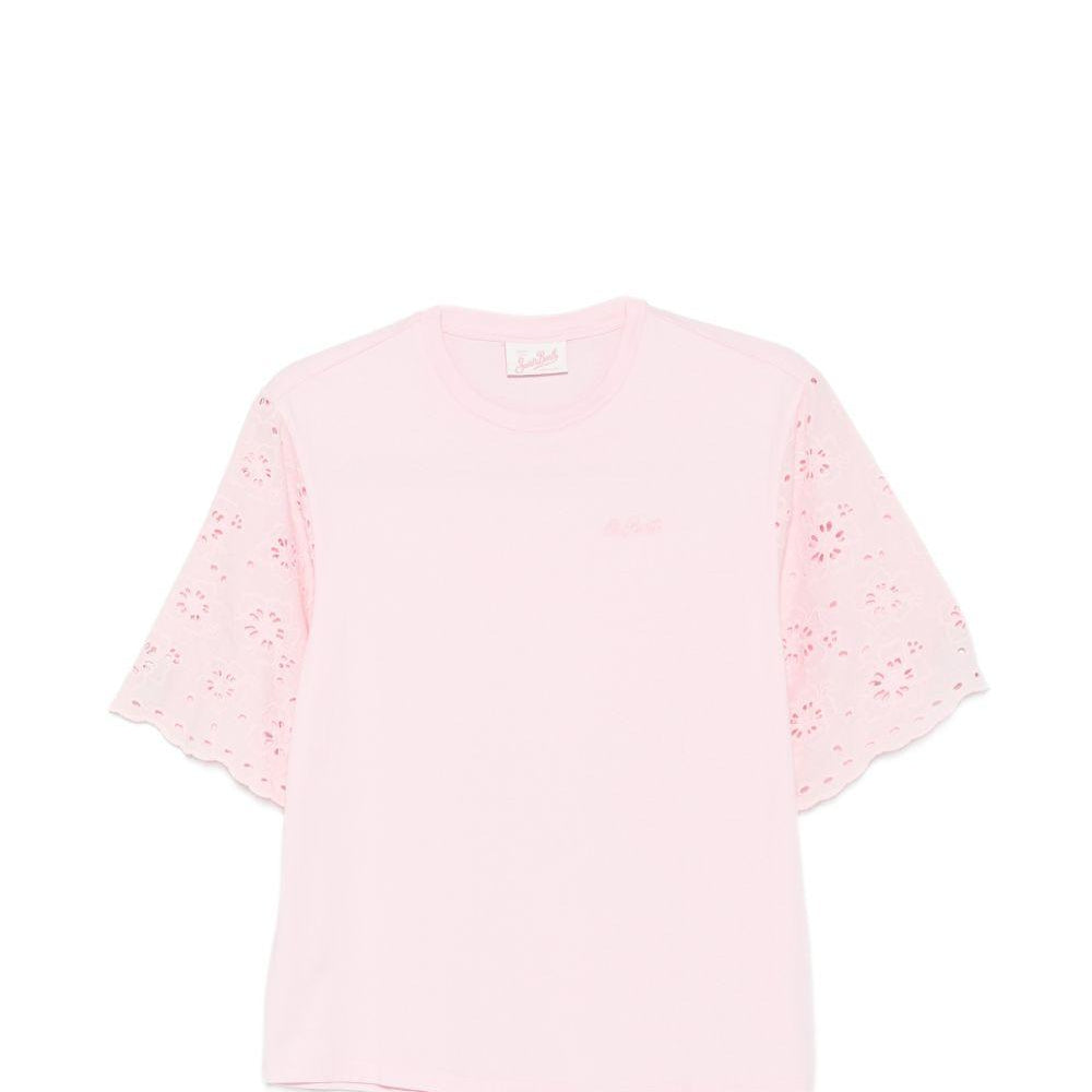 T-shirt da donna MC2 Saint Barth rosa con maniche in pizzo sangallo MSA0002 08716L MC2 ST. BARTH