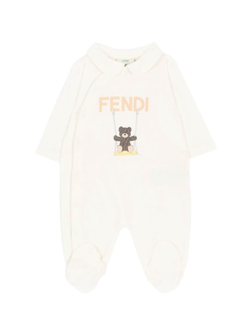 Set tutina, berretto e bavaglino per neonati Fendi Kids bianco con stampa orsetto BUK167 ST8 F0TU9 FENDI KIDS