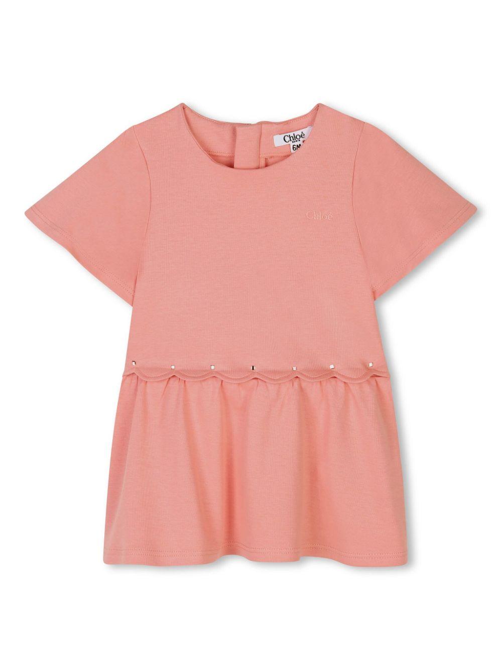 Abito per neonata Chloé Kids rosa con trama intrecciata e orlo a smerlo C20547 48D CHLOE' KIDS