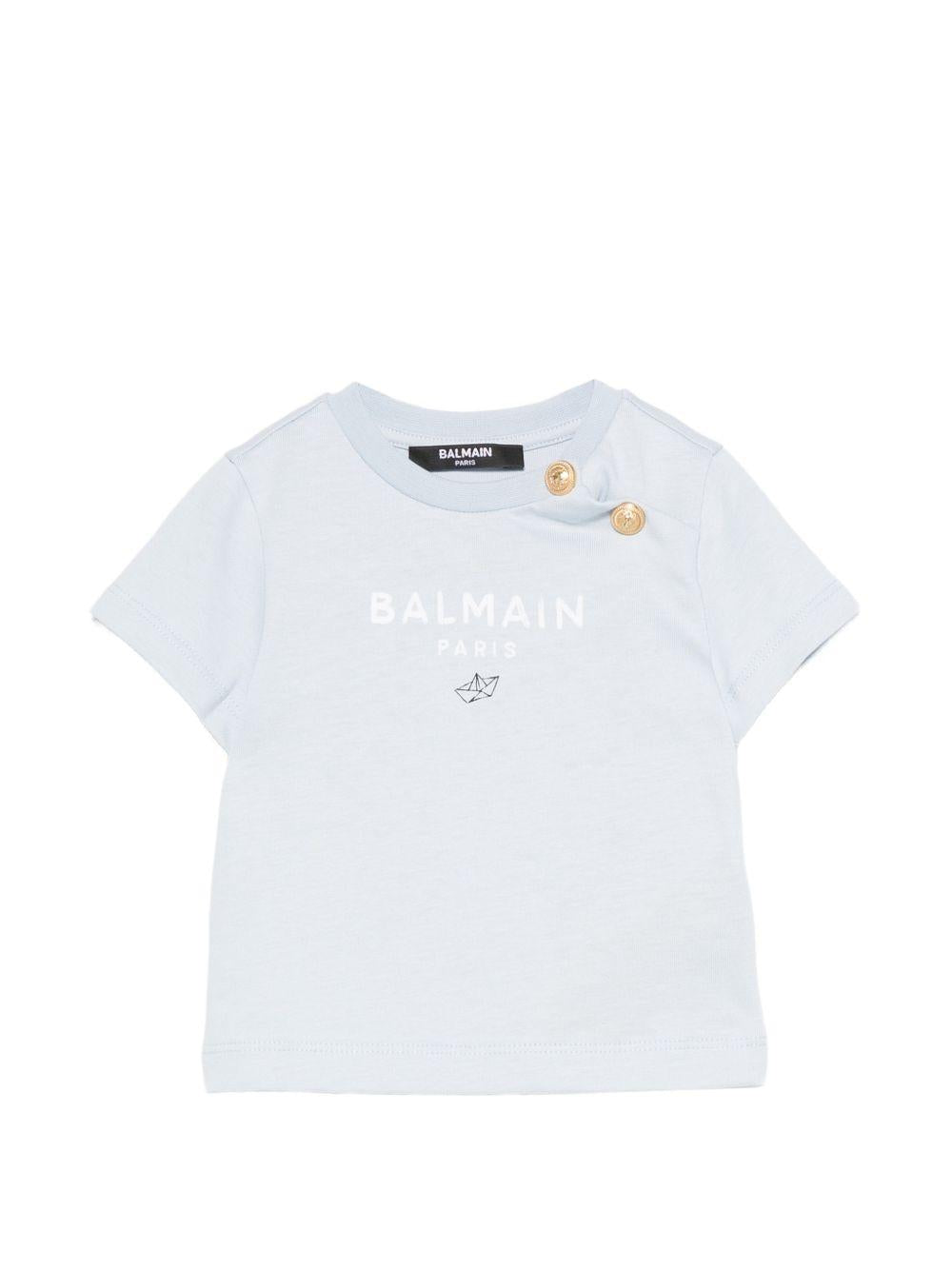 T-shirt per neonato Balmain Kids azzurra con dettaglio bottoni oro BY8551 Z3672 685BC BALMAIN KIDS