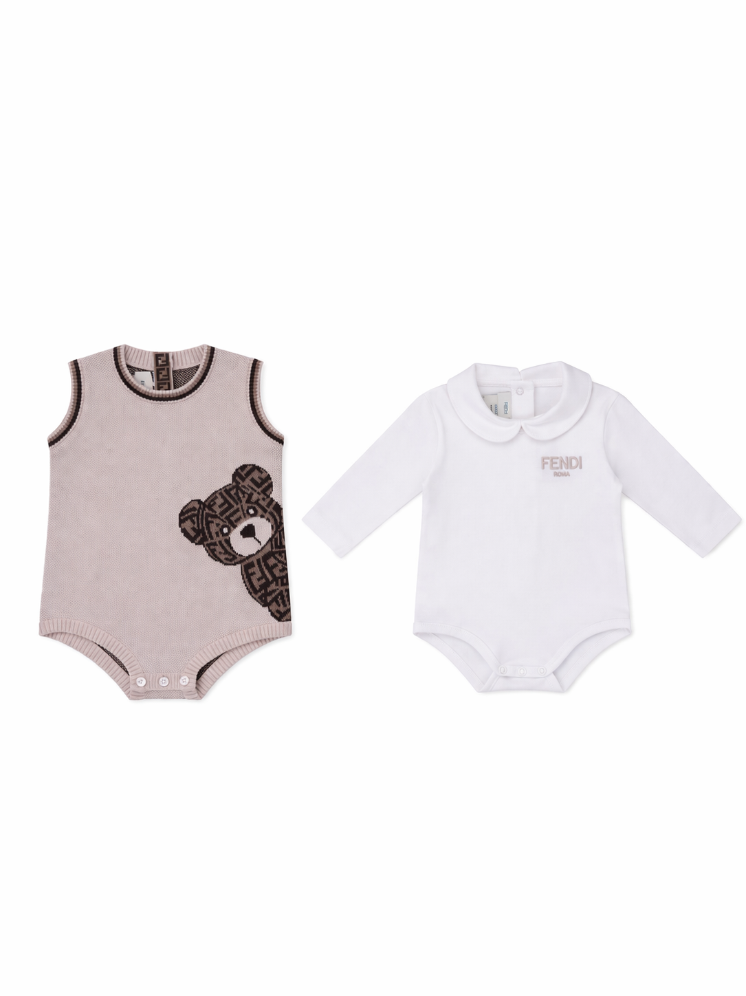 Set due pezzi per neonati Fendi Kids beige con ricamo orsetto sul davanti con logo FF BUG207 AVVZ F1P2N FENDI KIDS