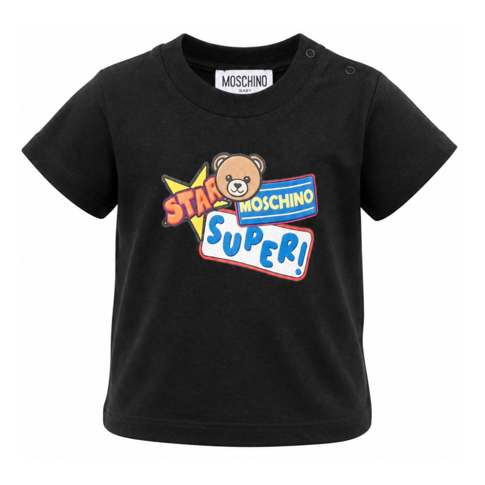 T-shirt per neonato Moschino Kids nera con stampa grafica MUM04LLAA24 60100 MOSCHINO KIDS