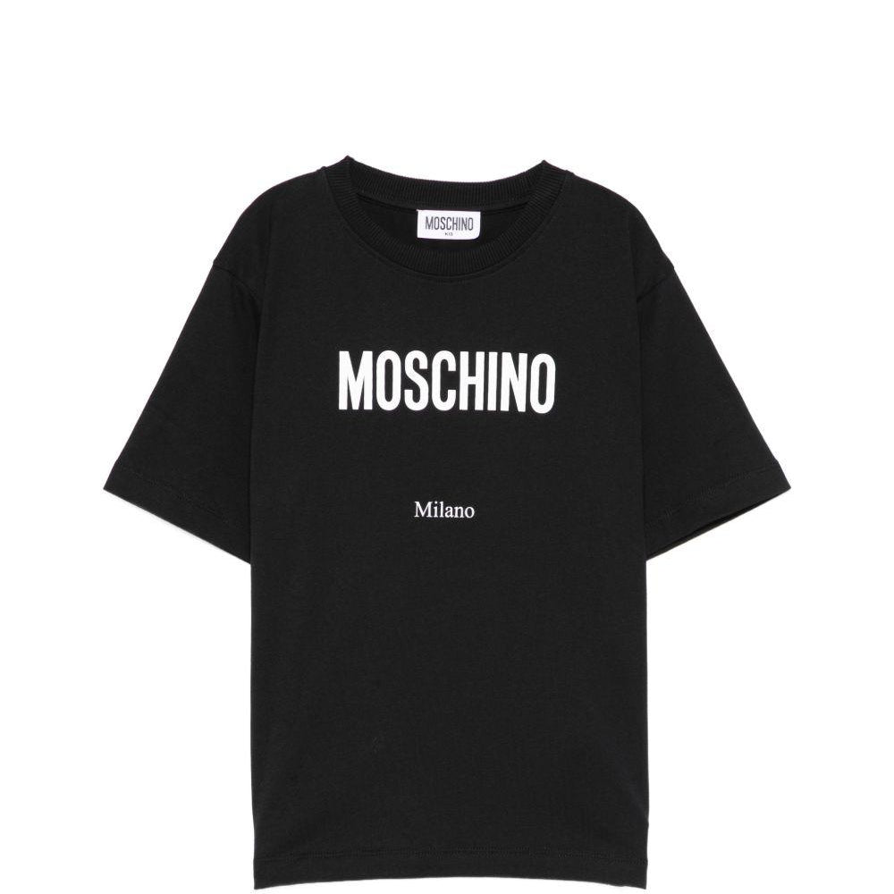 T-shirt per bambini Moschino Kids nera con logo sul davanti H6M05GLAA23 60100 MOSCHINO KIDS