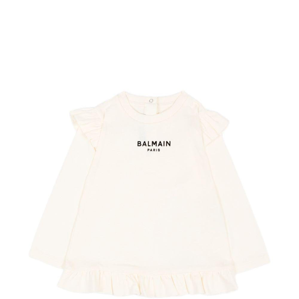 T-shirt per neonata Balmain Kids bianca con dettagli con volant BZ8010 Z3672 102NE BALMAIN KIDS