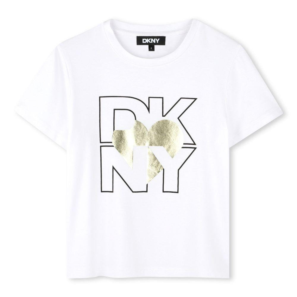 T-shirt con stampa per bambino Dkny Kids bianco con scollo rotondo D62305 560 DKNY