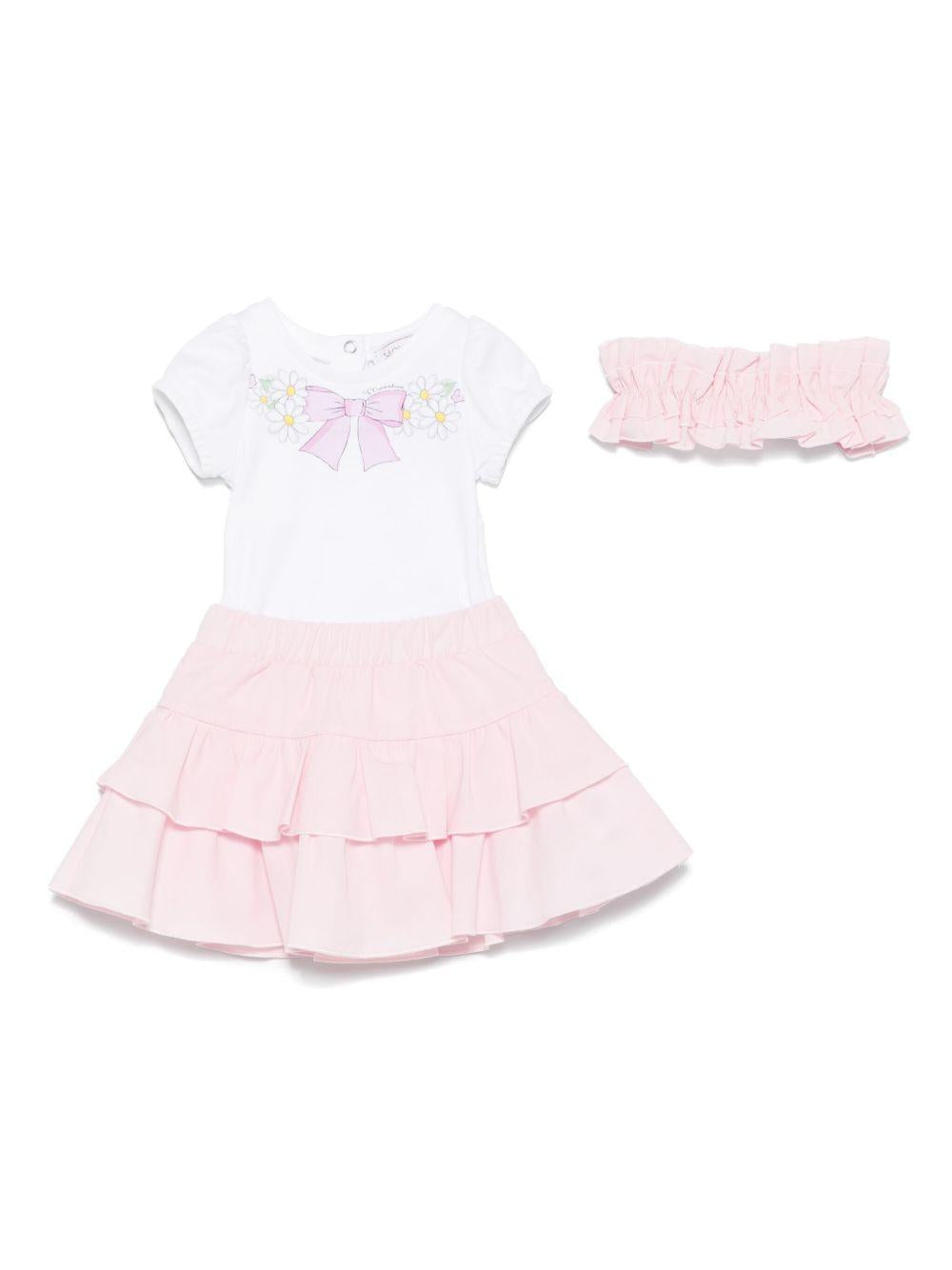 Set con gonna per neonata Monnalisa bianco e rosa con trama jersey 35E500 5000 9990 MONNALISA