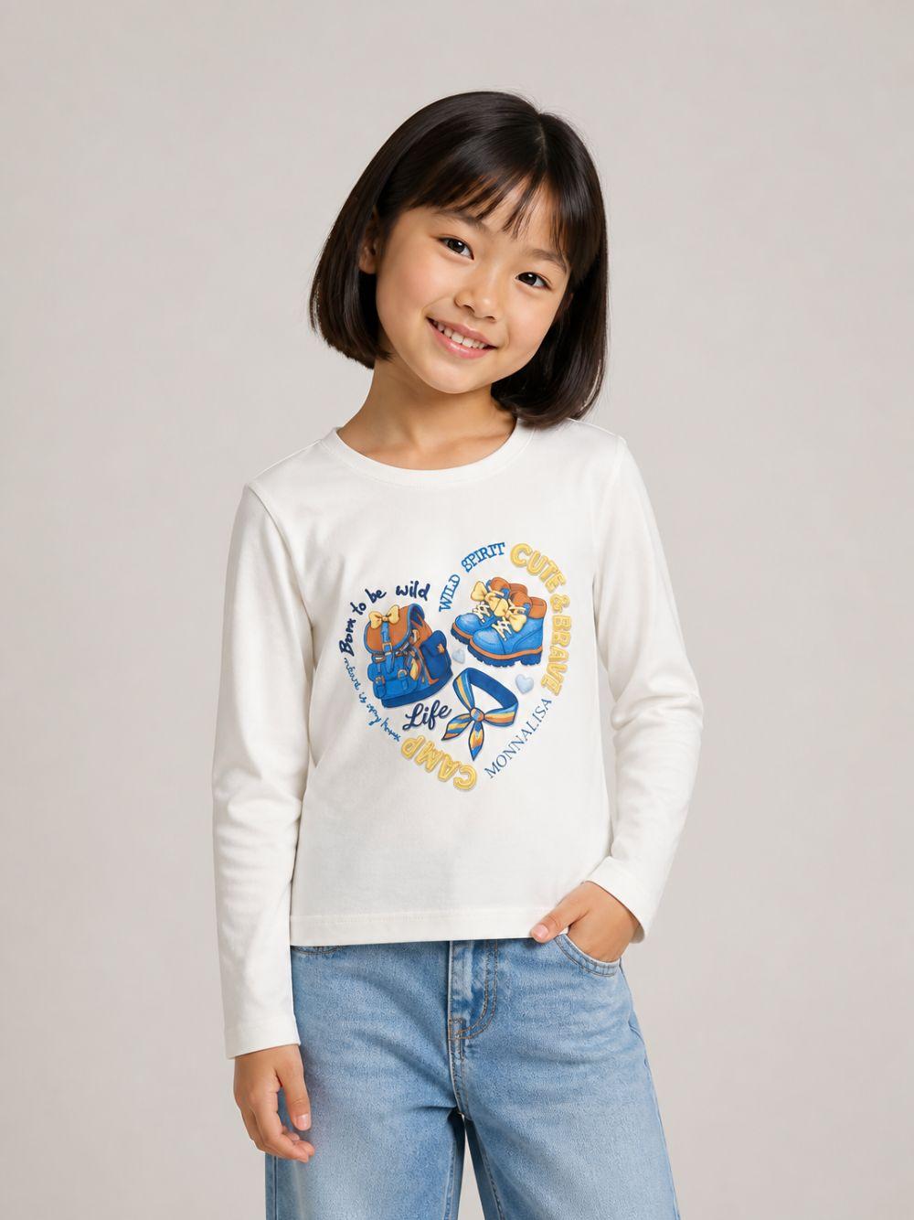 T-shirt per bambina Monnalisa Kids bianca con stampa grafica e maniche lunghe 11H624 8201 0156 MONNALISA KIDS