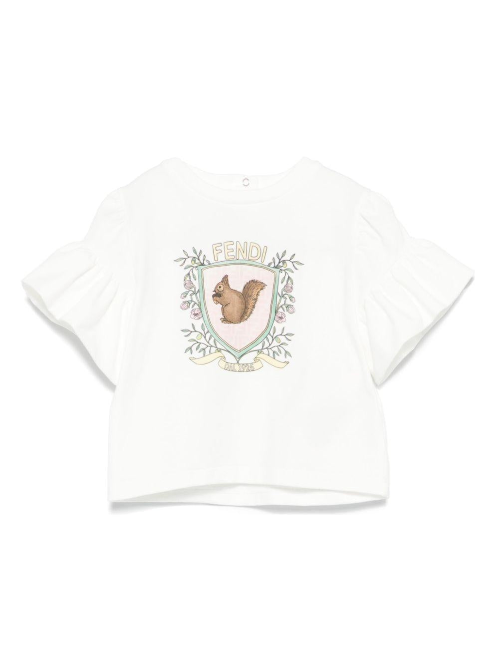 T-shirt per neonata Fendi Kids bianco con stampa sul davanti e maniche con ruches BFI162 ST8 F0TU9 FENDI KIDS