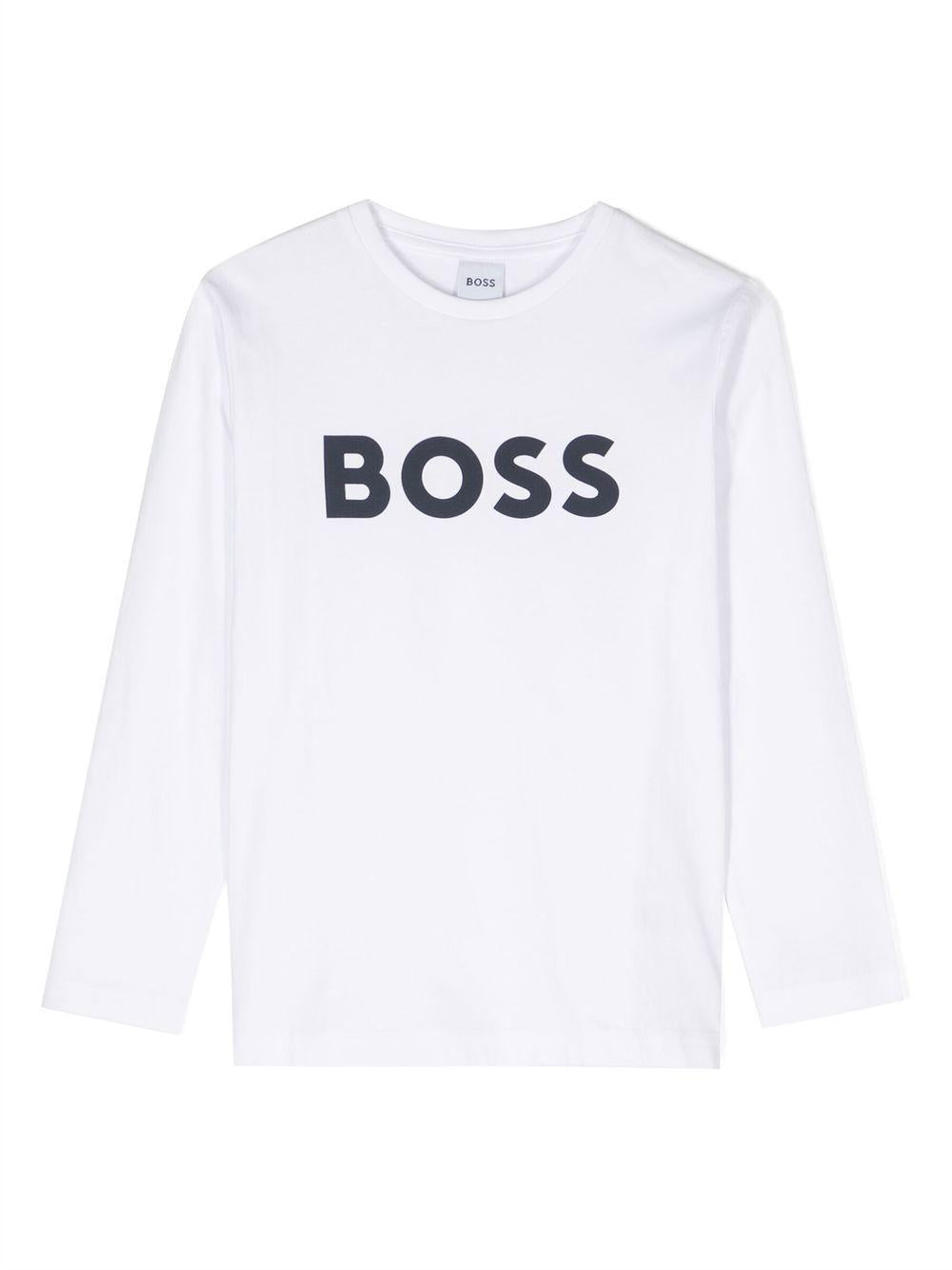 T-shirt per bambino Boss Kids bianca con stampa logo sul davanti J25P25 10P BOSS KIDS
