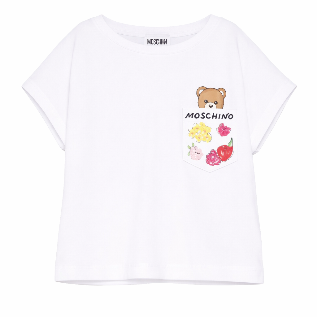 T-shirt per bambina Moschino Kids bianca con stampa Teddy Bear HDM06XLFA06 10101 MOSCHINO KIDS