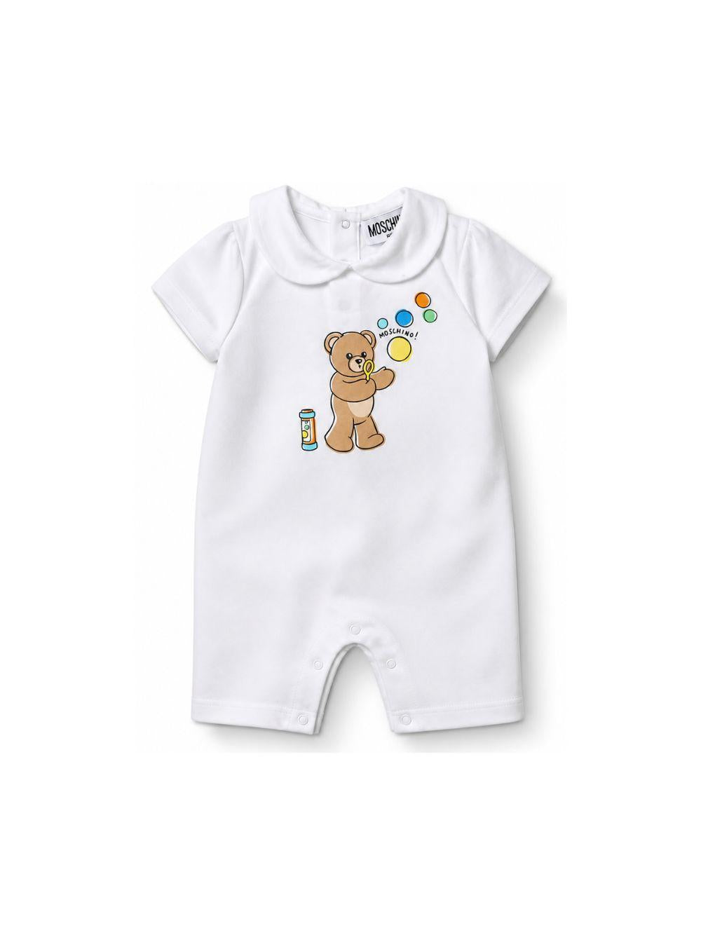 Tutina per neonati Moschino Kids bianca con stampa grafica Orsetto con bolle di sapone MUT04MLAA03 10101 MOSCHINO KIDS