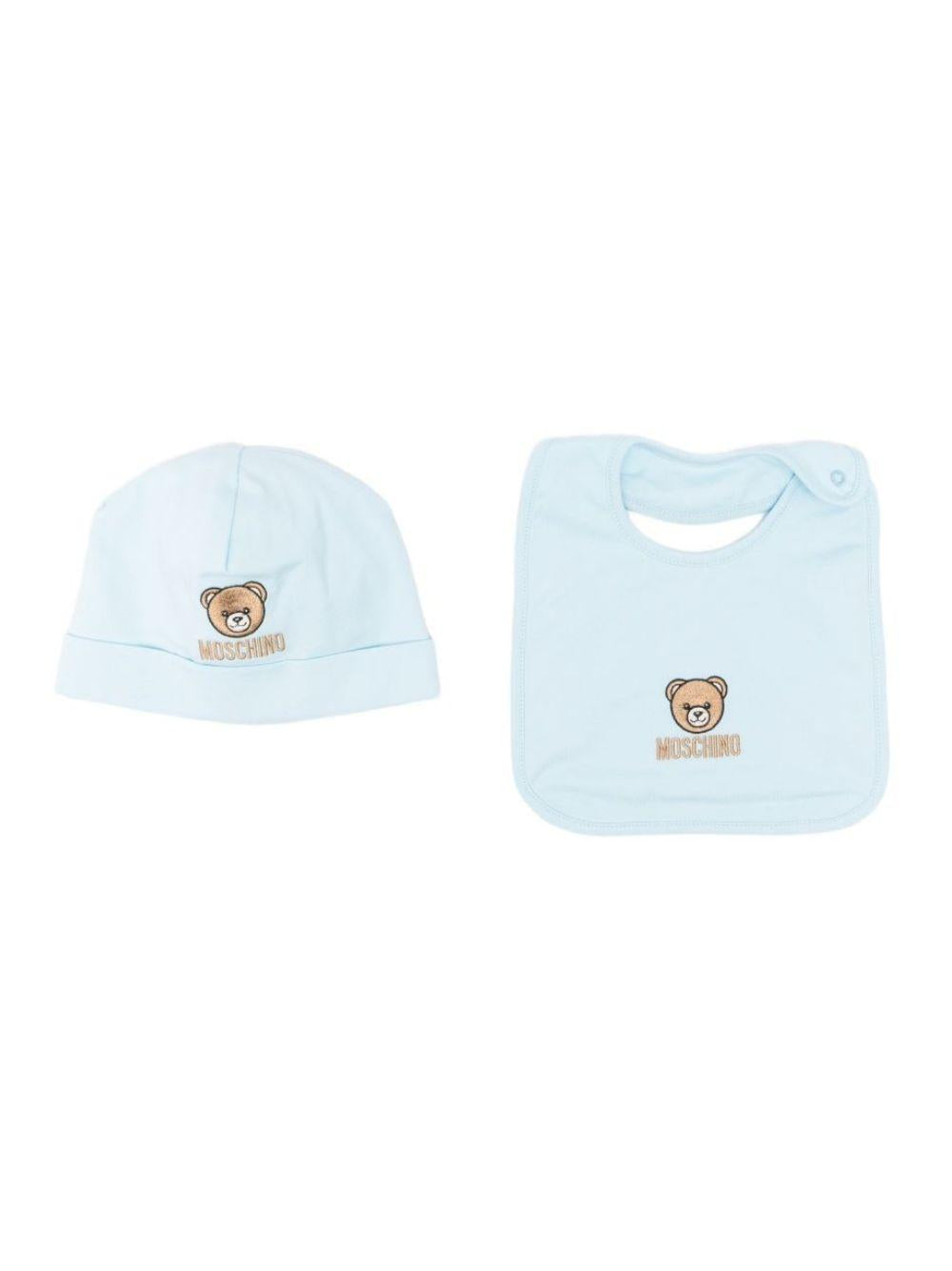 Set cappello e bavaglino per neonato Moschino Kids azzurro con ricamo Teddy Bear MRY03ELAA23 40304 MOSCHINO KIDS